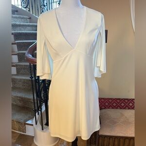 ABS Elegant Caped Cream V-Neck Dress